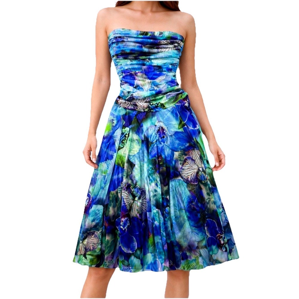 Elana Kattan Strapless Floral Dress Blue Green USA Made XS